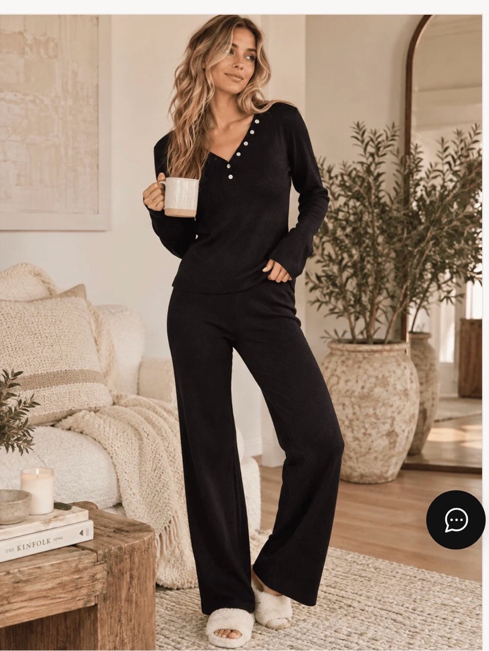Cozy V-Neck Black Knit Lounge Pants Set